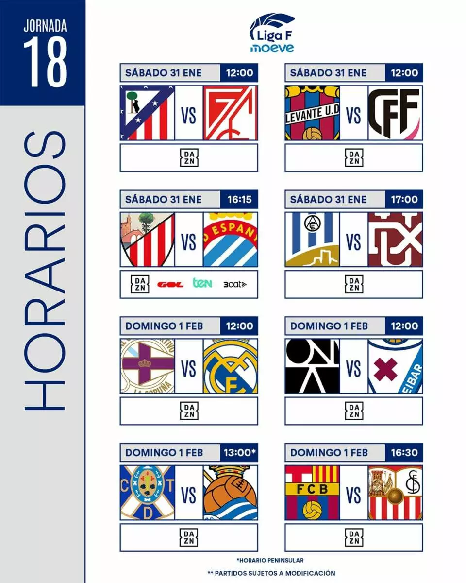 Horarios de la jornada 18 de la Liga F. Foto: @LigaF_oficial.