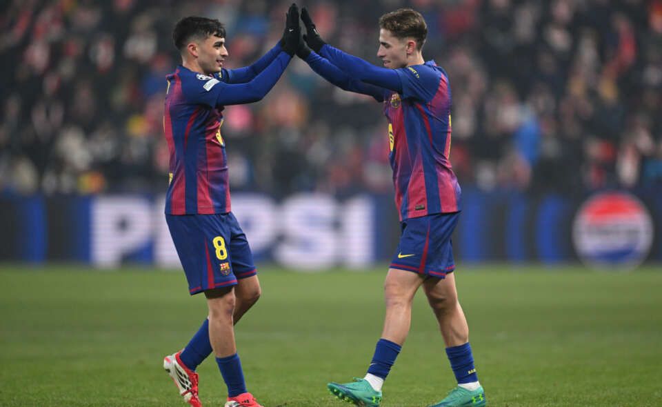 PRAGUE, CZECH REPUBLIC - JANUARY 21: Fermin Lopez of FC Barcelona celebrates scoring his team's second goal with teammate Pedri during the UEFA Champions League 2025/26 League Phase MD7 match between SK Slavia Praha and FC Barcelona at Eden Arena on January 21, 2026 in Prague, Czech Republic. (Photo by Thomas Eisenhuth - UEFA/UEFA via Getty Images)