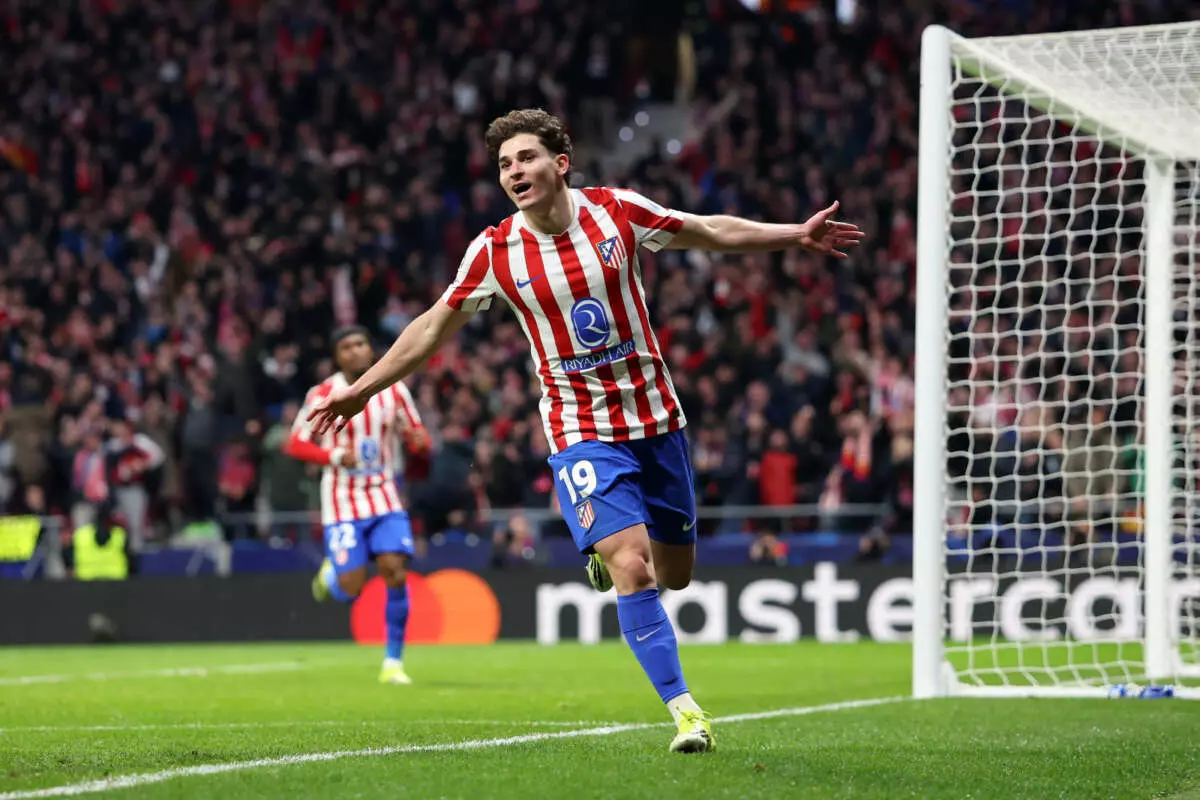 MADRID, SPAIN - MARCH 10: Julian Alvarez of Atletico de Madrid celebrates scoring his team's fifth goal during the UEFA Champions League 2025/26 Round of 16 First Leg match between Atletico de Madrid and Tottenham Hotspur FC at Estadio Civitas Metropolitano on March 10, 2026 in Madrid, Spain. (Photo by Florencia Tan Jun - UEFA/UEFA via Getty Images)