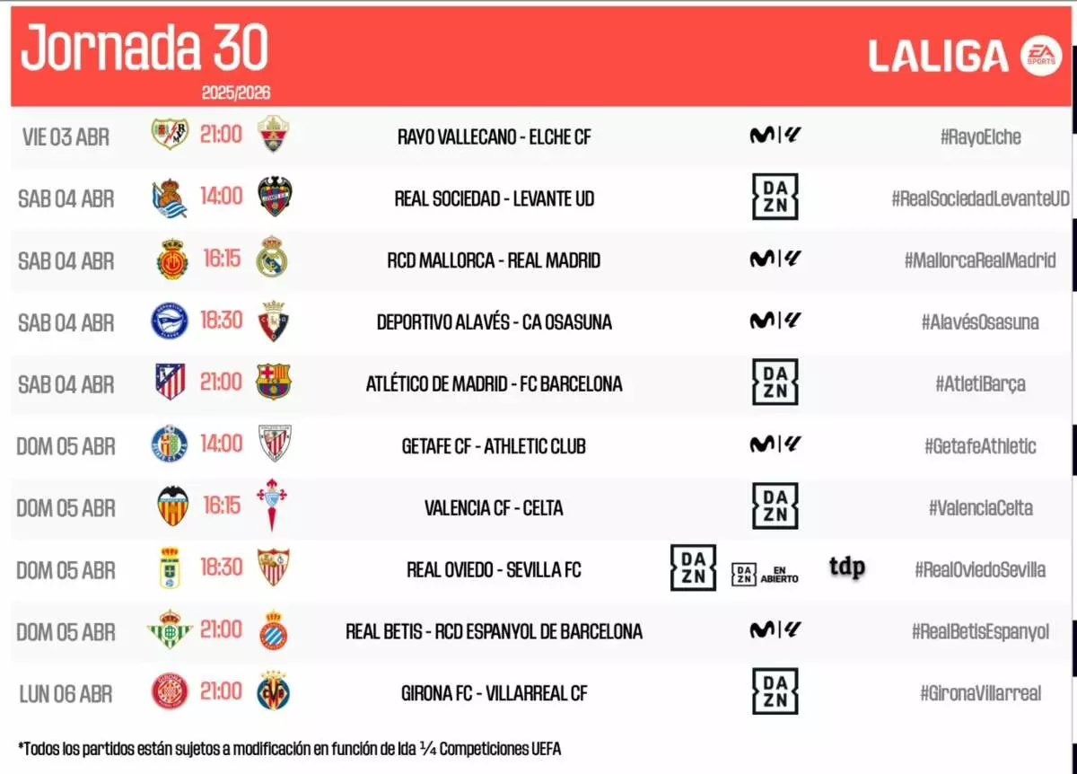 Horarios de la jornada 30 de LaLiga. Foto: @LaLiga.