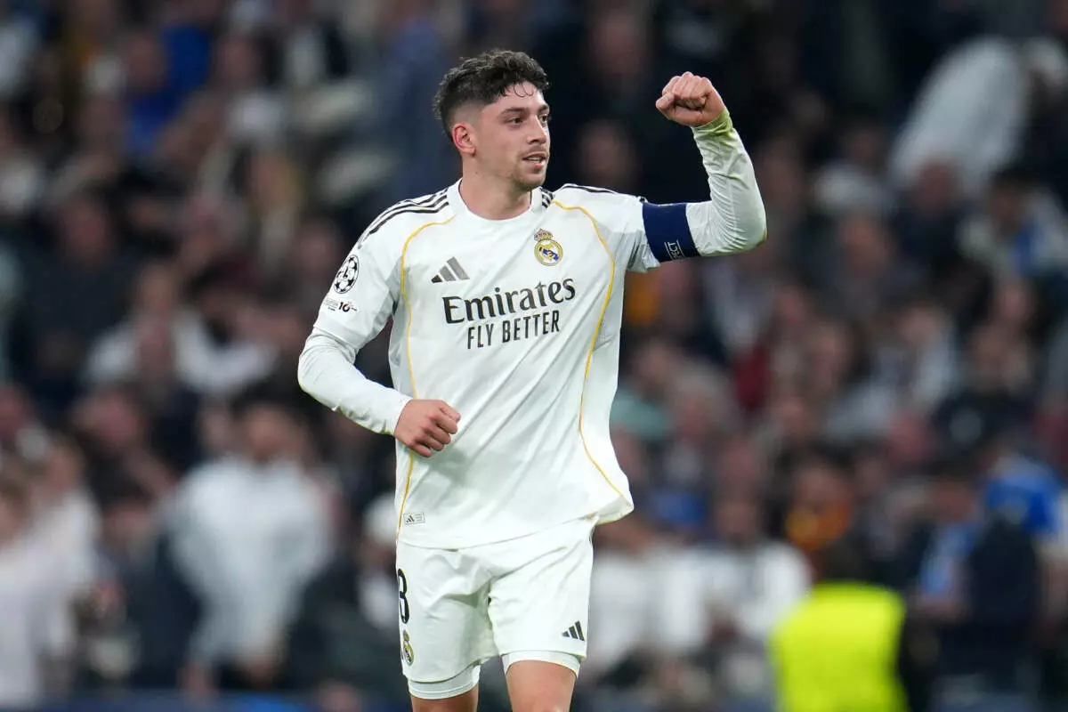 MADRID, SPAIN - MARCH 11: Federico Valverde of Real Madrid celebrates scoring his team's second goal during the UEFA Champions League 2025/26 Round of 16 First Leg match between Real Madrid CF and Manchester City FC at Estadio Santiago Bernabeu on March 11, 2026 in Madrid, Spain. (Photo by Aitor Alcalde - UEFA/UEFA via Getty Images)