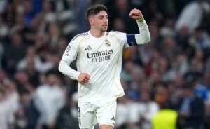 MADRID, SPAIN - MARCH 11: Federico Valverde of Real Madrid celebrates scoring his team's second goal during the UEFA Champions League 2025/26 Round of 16 First Leg match between Real Madrid CF and Manchester City FC at Estadio Santiago Bernabeu on March 11, 2026 in Madrid, Spain. (Photo by Aitor Alcalde - UEFA/UEFA via Getty Images)