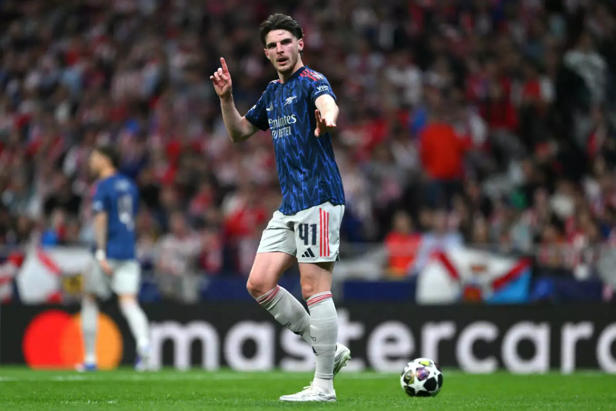 MADRID, SPAIN - APRIL 29: Declan Rice of Arsenal reacts during the UEFA Champions League 2025/26 Semi Final First Leg match between Atletico de Madrid and Arsenal FC at Metropolitano Stadium on April 29, 2026 in Madrid, Spain. (Photo by David Ramos - UEFA/UEFA via Getty Images)