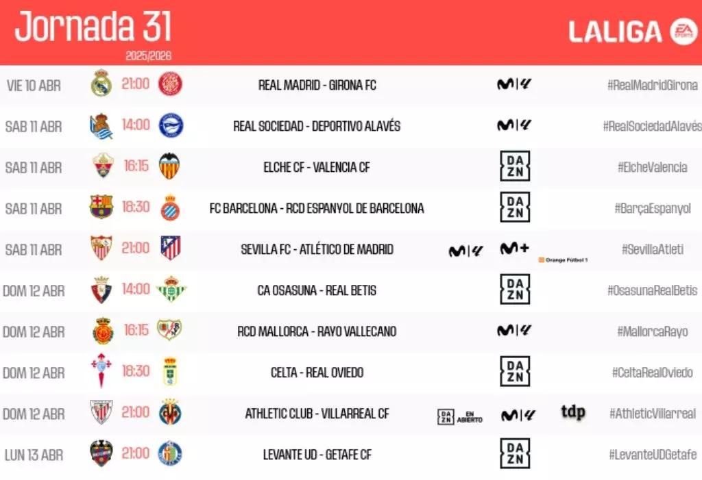 Horarios de la jornada 31 de LaLiga. Foto: @LaLiga.