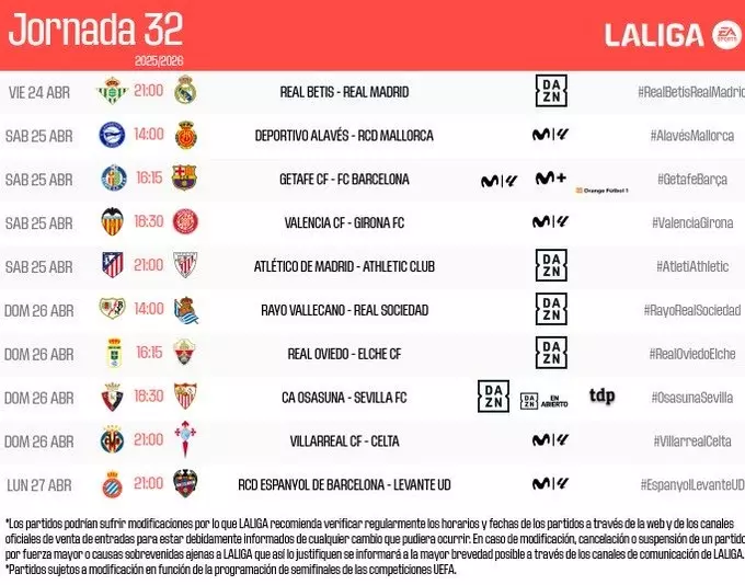 Horarios de la jornada 32 de LaLiga. Foto: @LaLiga.