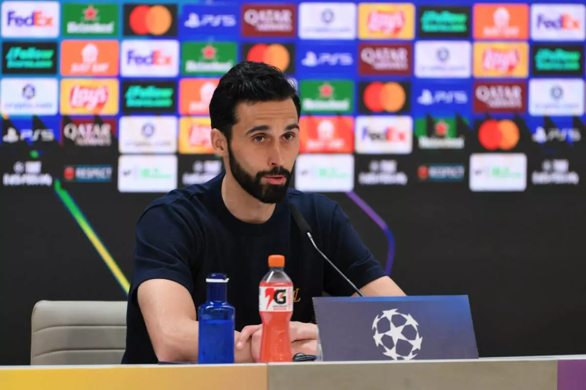 MADRID, SPAIN - APRIL 07: Alvaro Arbeloa, Head Coach of Real Madrid, speaks to the media in a post match press conference after the UEFA Champions League 2025/26 Quarter-Final First Leg match between Real Madrid CF and FC Bayern München at Estadio Santiago Bernabeu on April 07, 2026 in Madrid, Spain. (Photo by David Ramos - UEFA/UEFA via Getty Images)