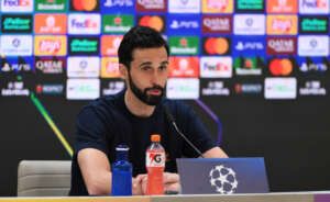MADRID, SPAIN - APRIL 07: Alvaro Arbeloa, Head Coach of Real Madrid, speaks to the media in a post match press conference after the UEFA Champions League 2025/26 Quarter-Final First Leg match between Real Madrid CF and FC Bayern München at Estadio Santiago Bernabeu on April 07, 2026 in Madrid, Spain. (Photo by David Ramos - UEFA/UEFA via Getty Images)
